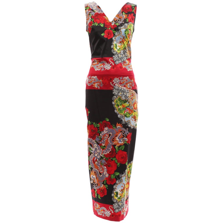 Dolce and Gabbana Printed Dragon and Fan Stretch Silk Satin Evening ...