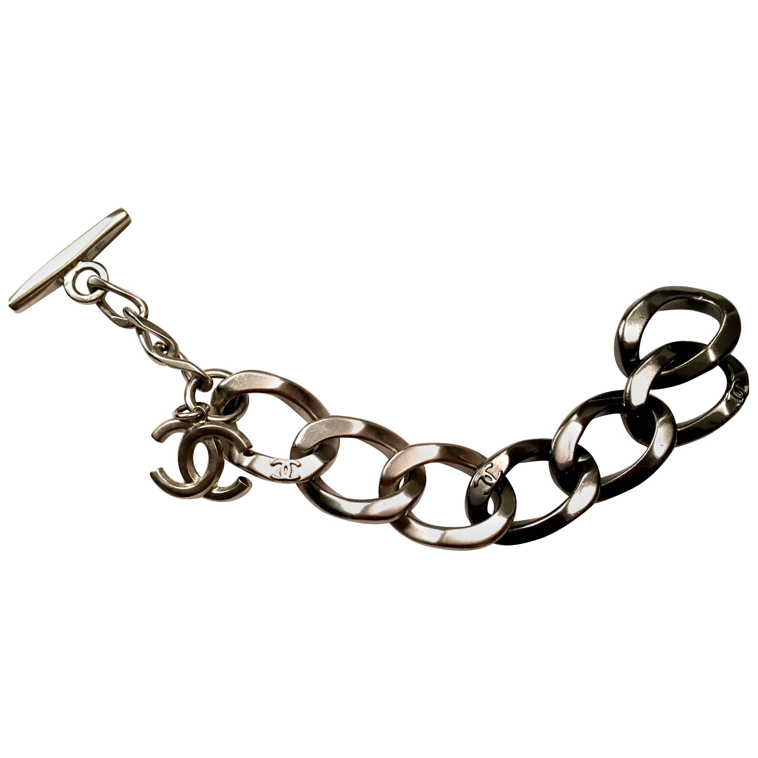 Chanel Large Silver Tone Metal Link Bracelet  