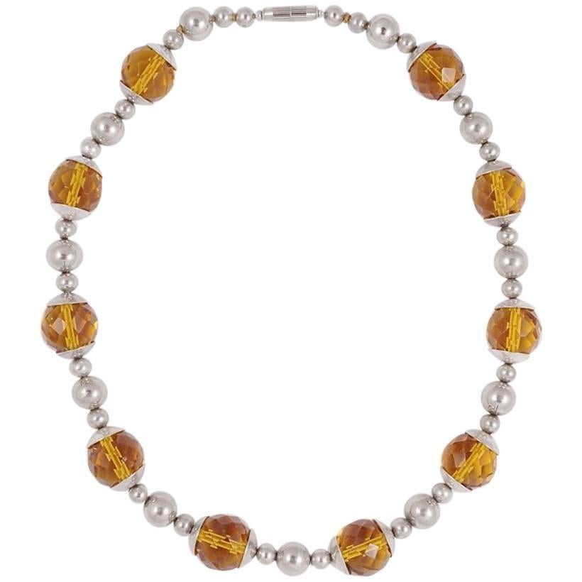 Art Deco Chrome and Faceted Amber Glass Bead Necklace circa 1930s