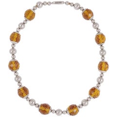 Vintage Art Deco Chrome and Faceted Amber Glass Bead Necklace circa 1930s