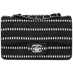 Vintage Chanel Black & White Woven Fabric Classic Single Flap Bag 