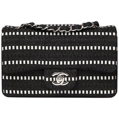 Chanel Black 
White Woven Fabric Classic Single Flap Bag