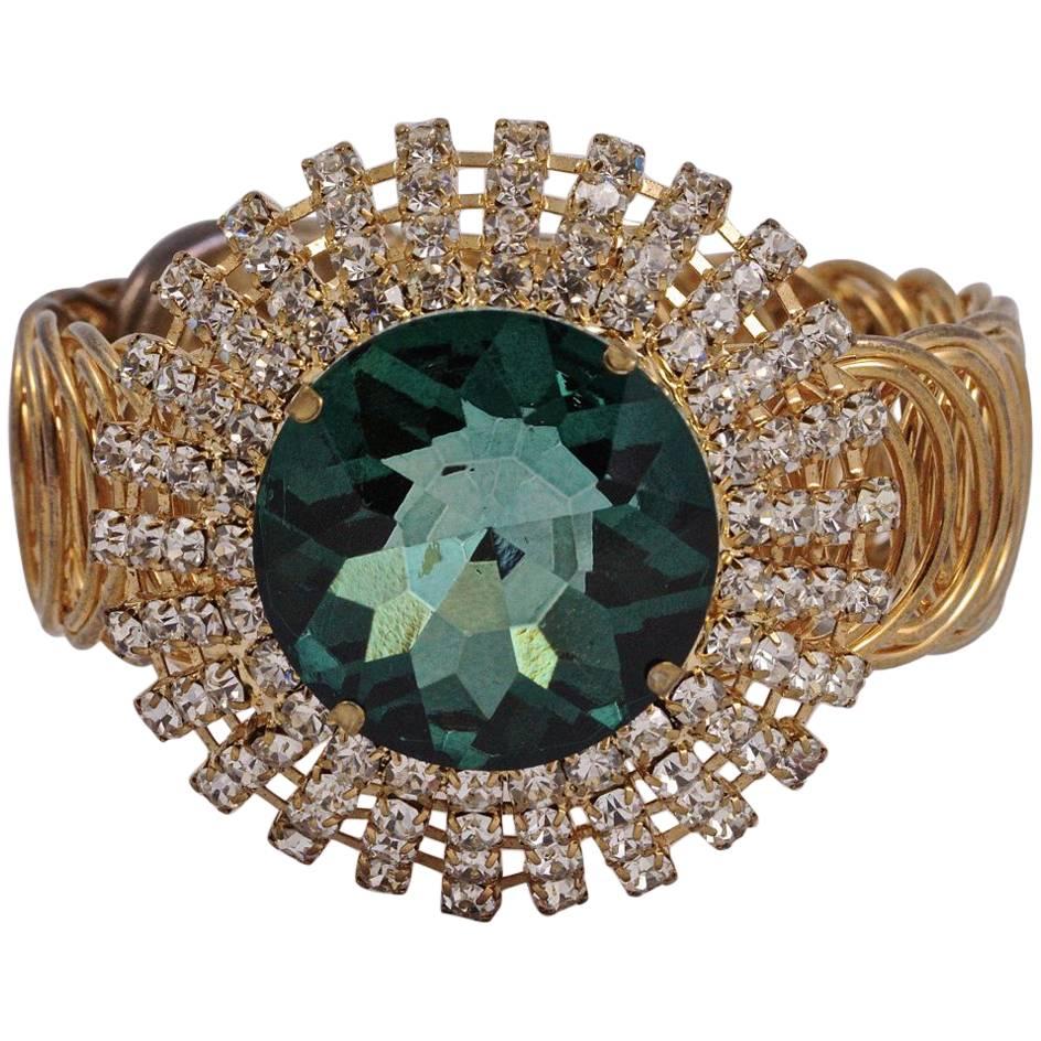Gold Tone Statement Bracelet with a Green Glass Stone and Clear Rhinestones