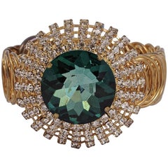 Vintage Gold Tone Statement Bracelet with a Green Glass Stone and Clear Rhinestones