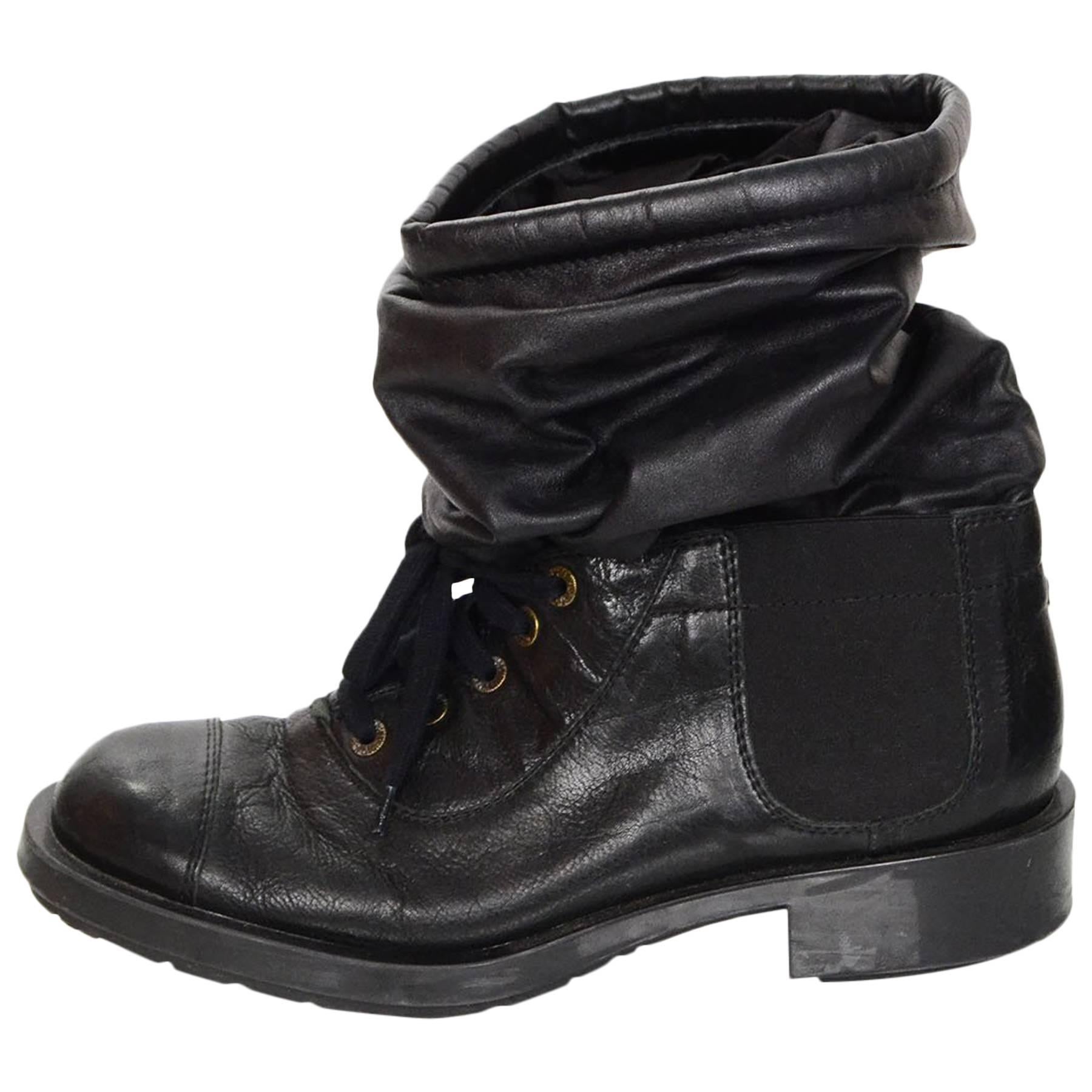 Chanel Black Leather Sock Combat Boots Sz 41