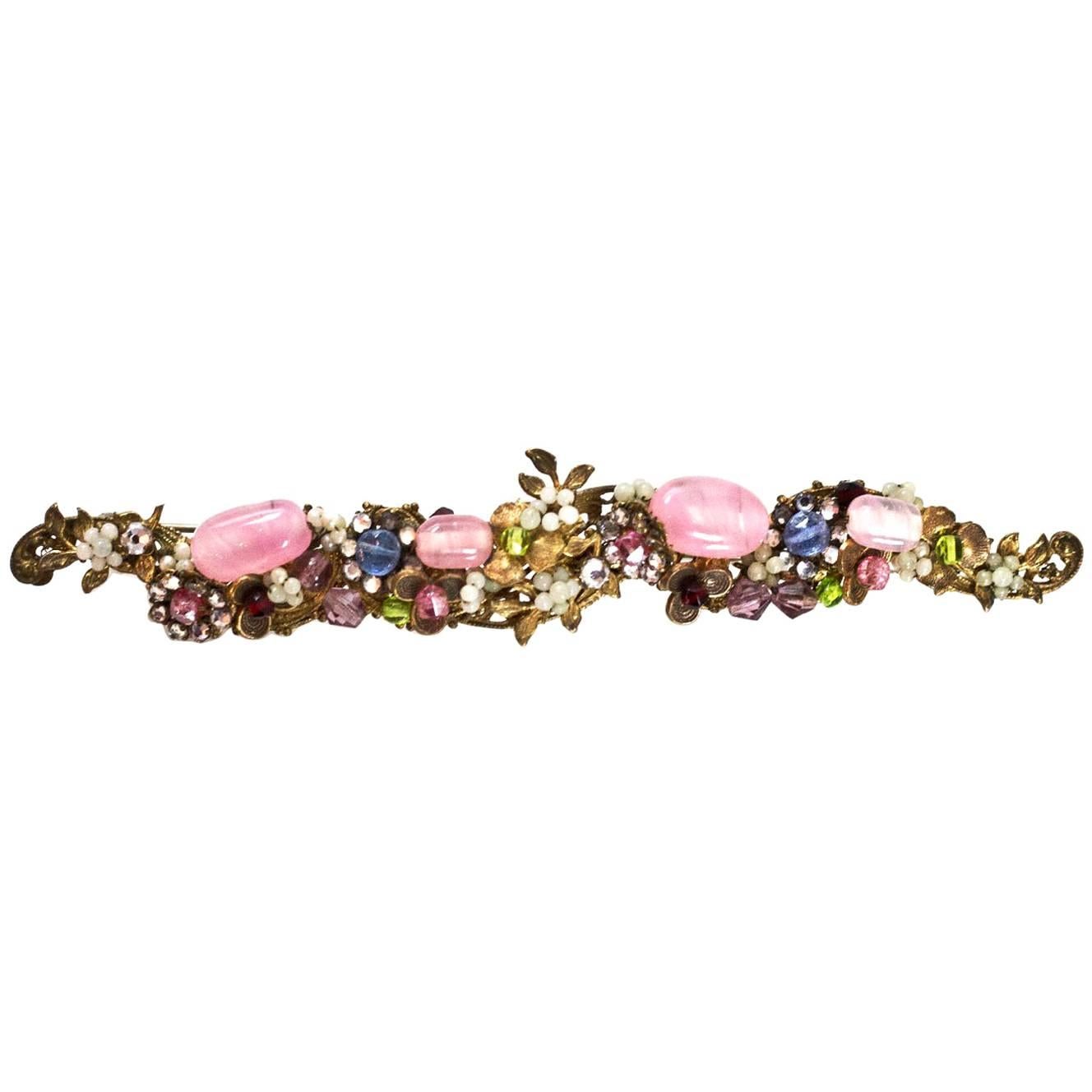 Miriam Haskell Goldtone Pink & Blue Stone Brooch Pin