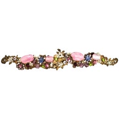 Miriam Haskell Goldtone Pink & Blue Stone Brooch Pin