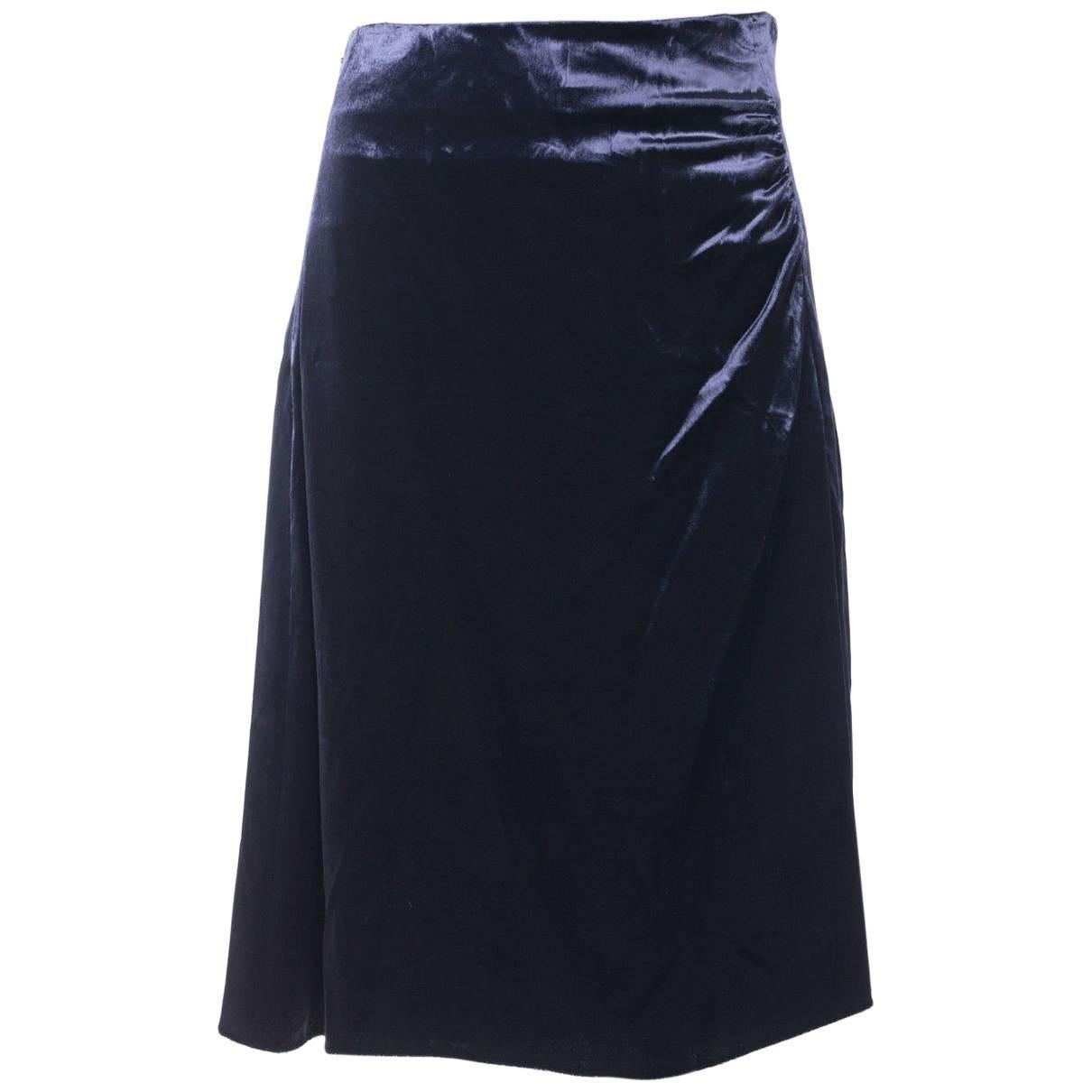 Prada Womens Blue Velvet Ruched Side Silk Lined Midi Skirt