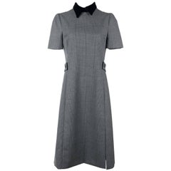 Prada Womens Grey Plaid Velvet Collar Belted Short Sleeve Dress