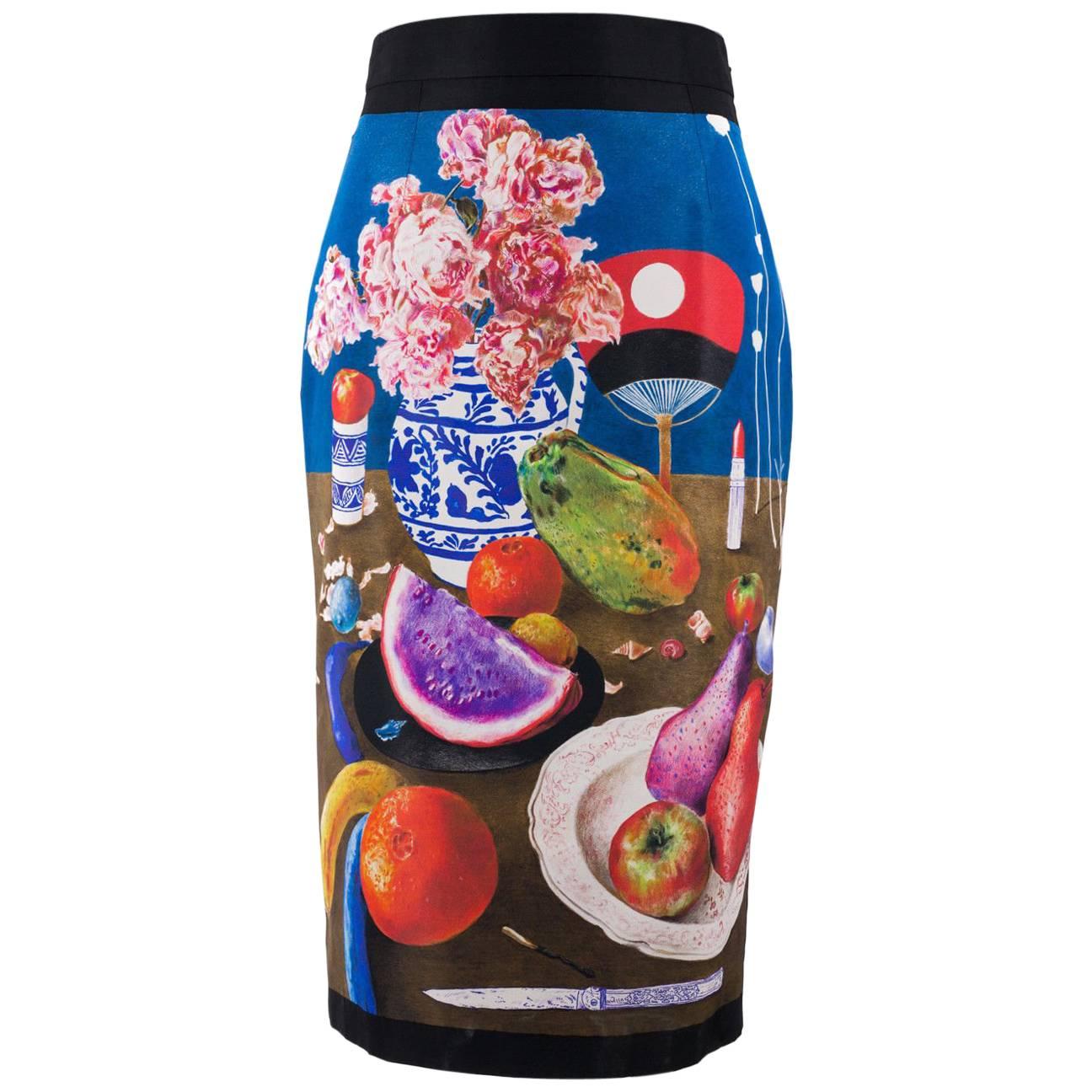 Prada Women's Multicolor Fruit Print Silk Faille Pencil Skirt