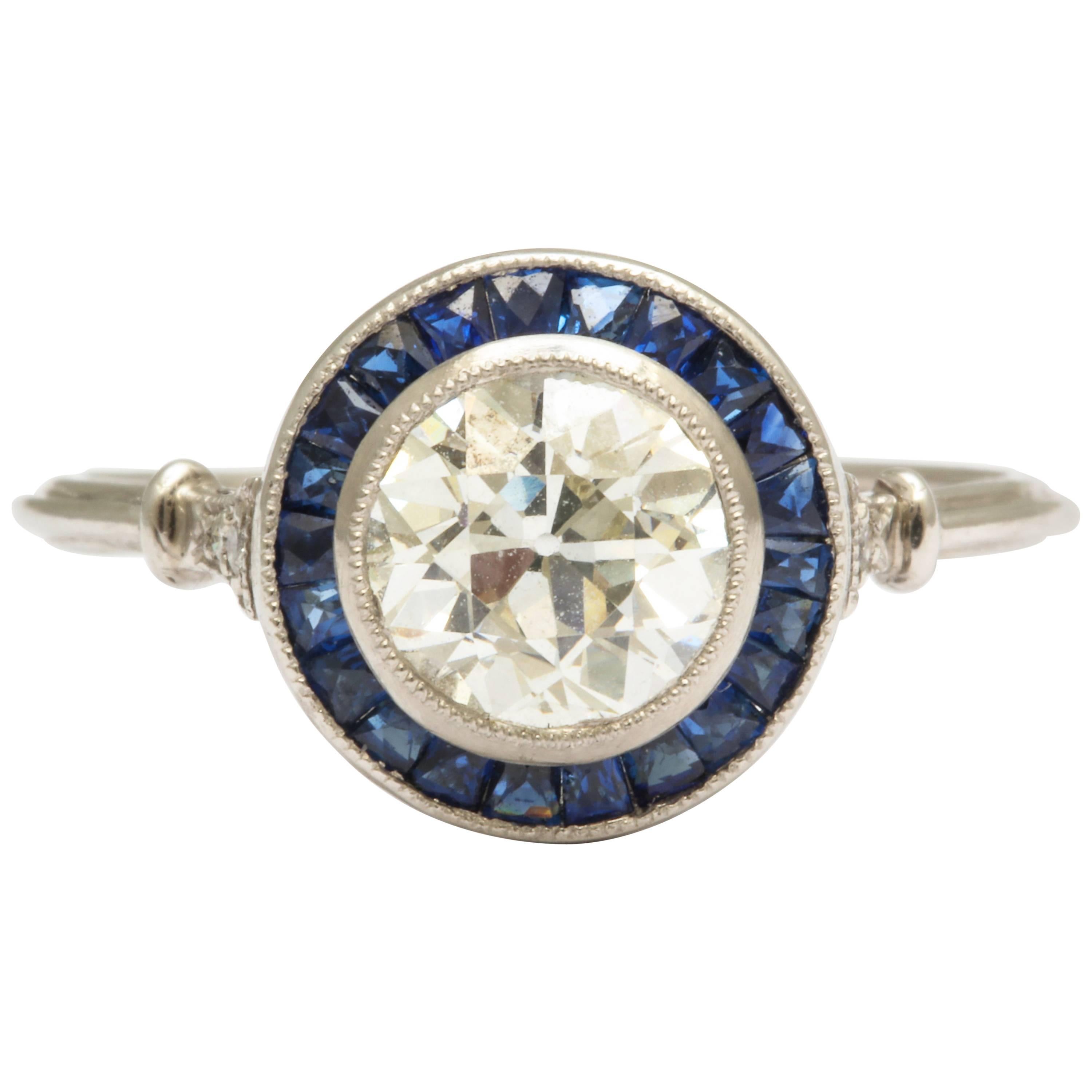 Diamond and Sapphire, Platinum 1.25 ct Engagement Ring For Sale