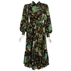 1970's Gina Fratini Floral Print Wool Billow-Sleeve Belted Bohemian Gypsy Dress 