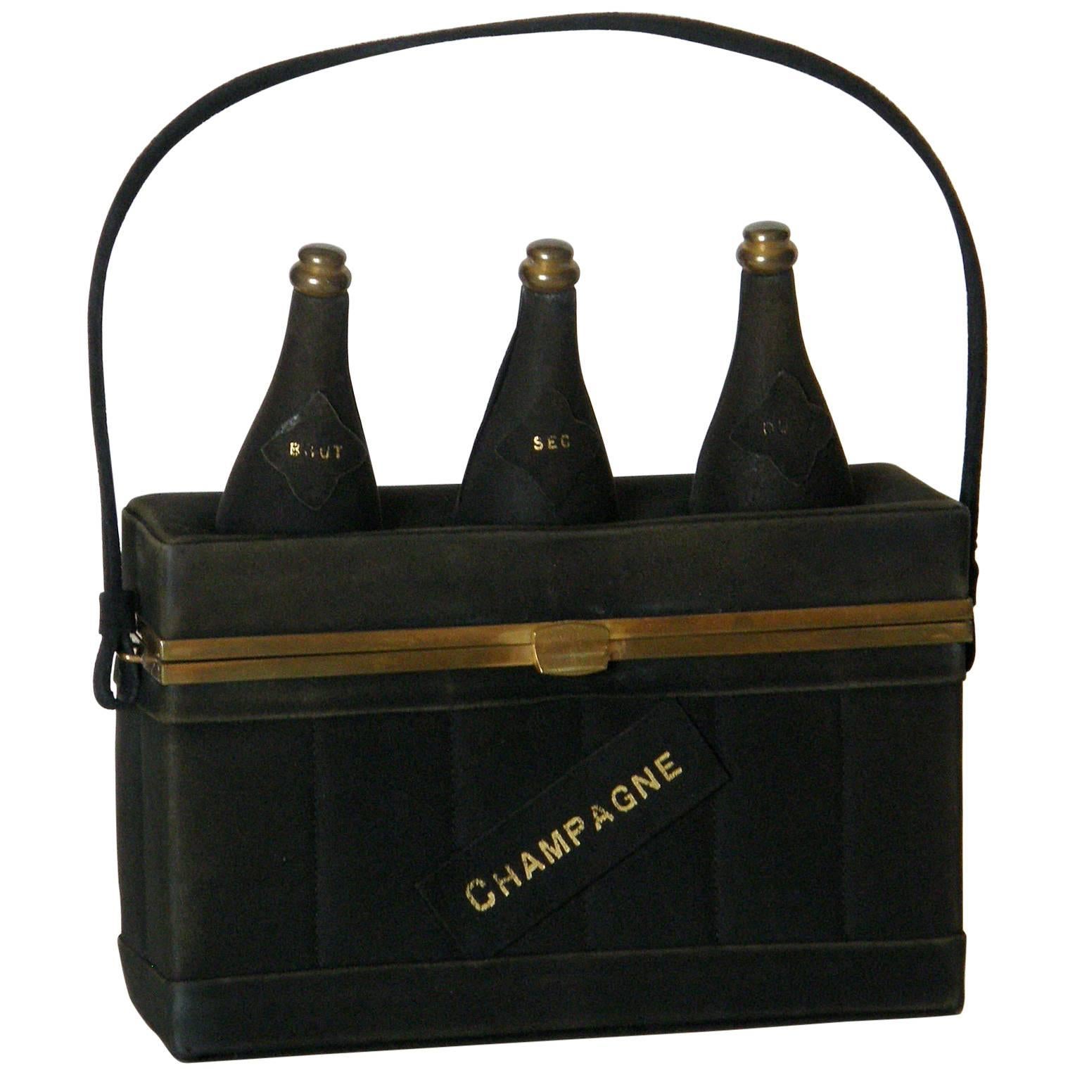 Black Suede Handbag Shaped Like a Crate of Champagne Bottles