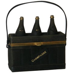 Vintage Black Suede Handbag Shaped Like a Crate of Champagne Bottles