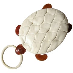 Turtle Shaped Handbag in Cream Leather and Carved Bakelite 