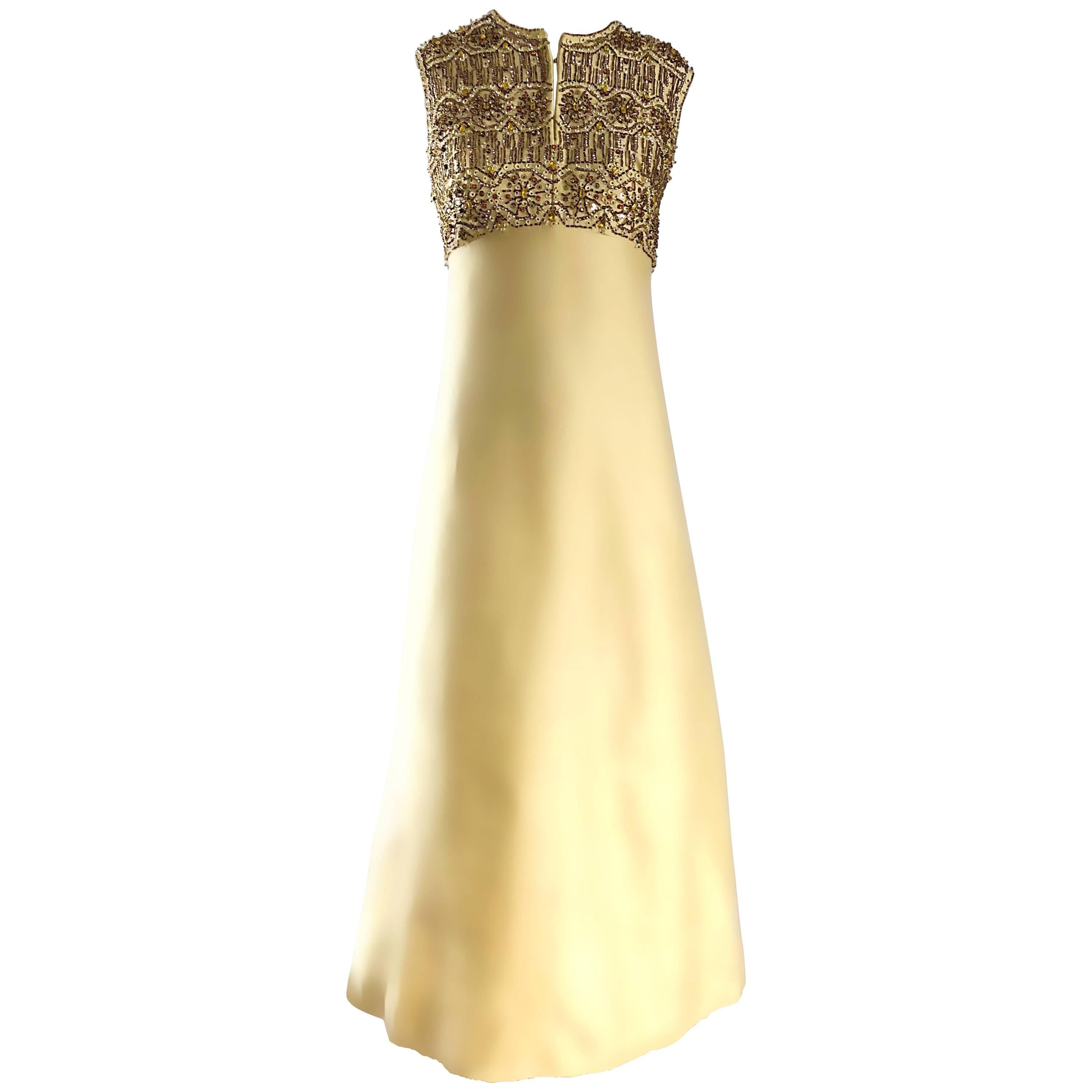 Stunning 1960s Dynasty Pale Yellow Silk Shantung Beaded Vintage Couture Gown  For Sale