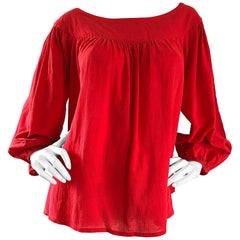 1970s Yves Saint Laurent Russian Collection Lipstick Red Boho Peasant Blouse Top