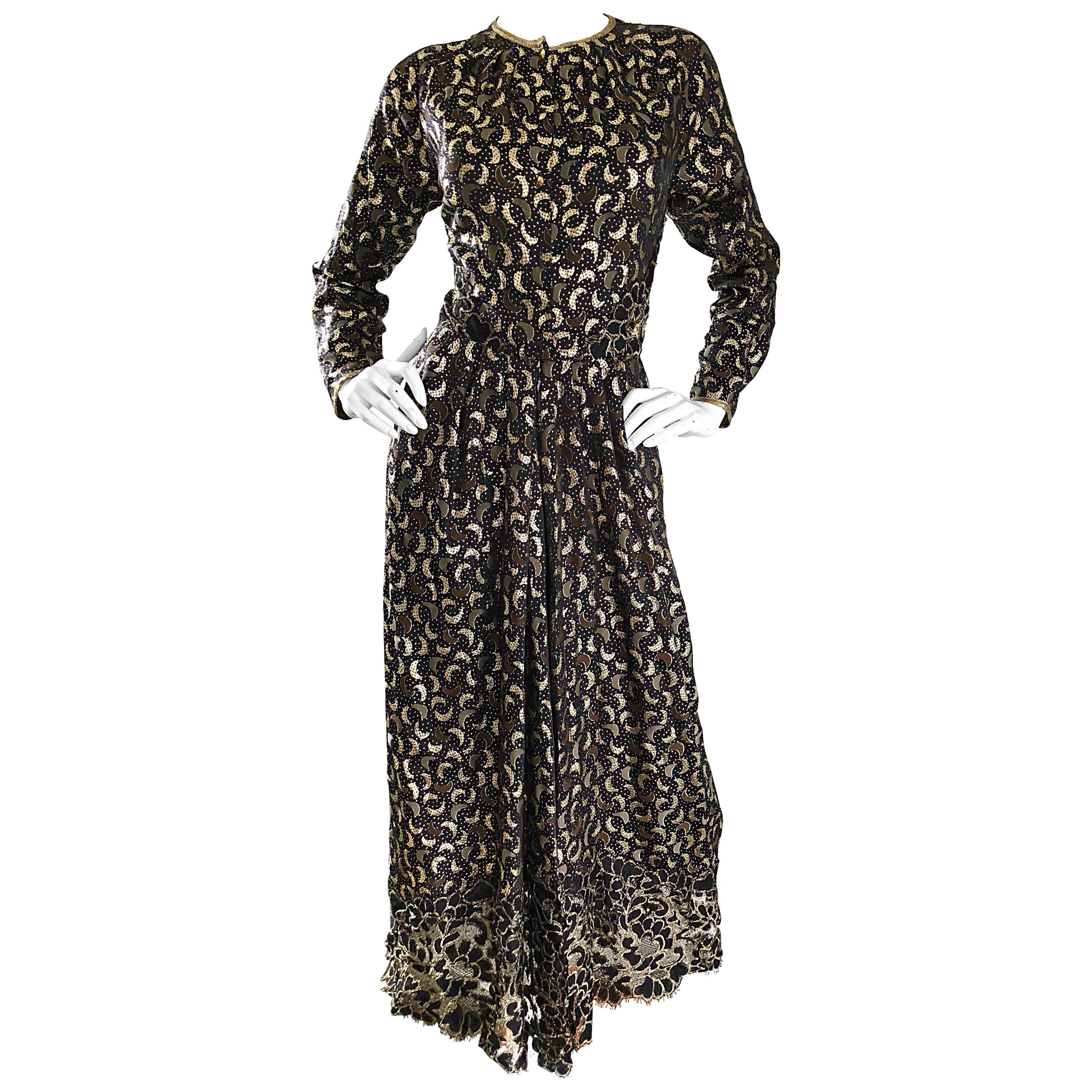 Vintage Geoffrey Beene Black and Gold Silk Lame Moon Print Lace Evening Dress