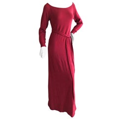 Halston 1970's Luxurious Pure Cashmere Batteau Neck Belted Red Evening Dress