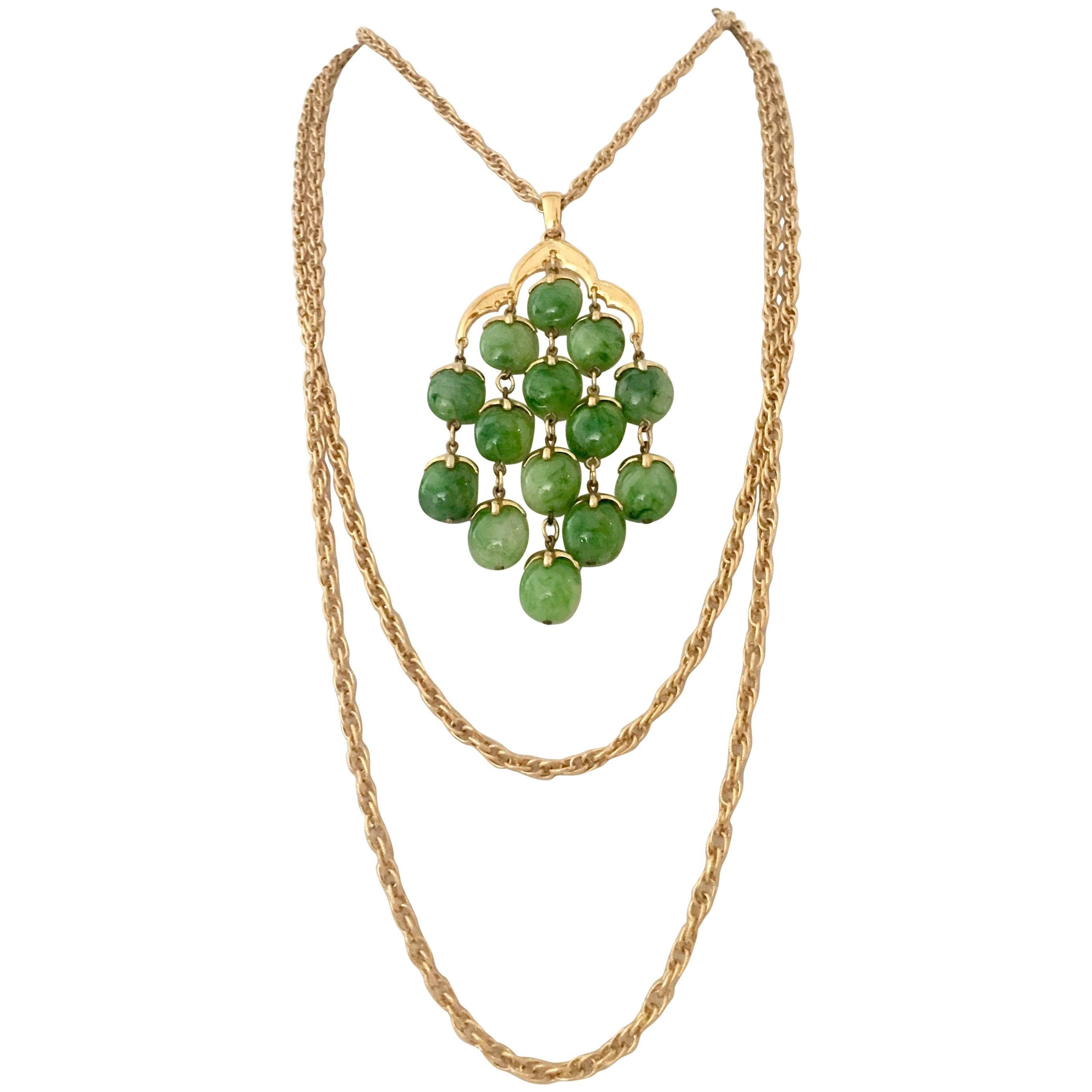 Crown Trifari Gold and Glass Jade Triple Strand Pendant Necklace, 1960s