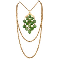 Vintage Crown Trifari Gold and Glass Jade Triple Strand Pendant Necklace, 1960s