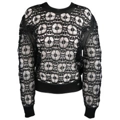 CHANEL Size 6 Black Silk Lace Mesh Knit Crewneck Pullover Sweater
