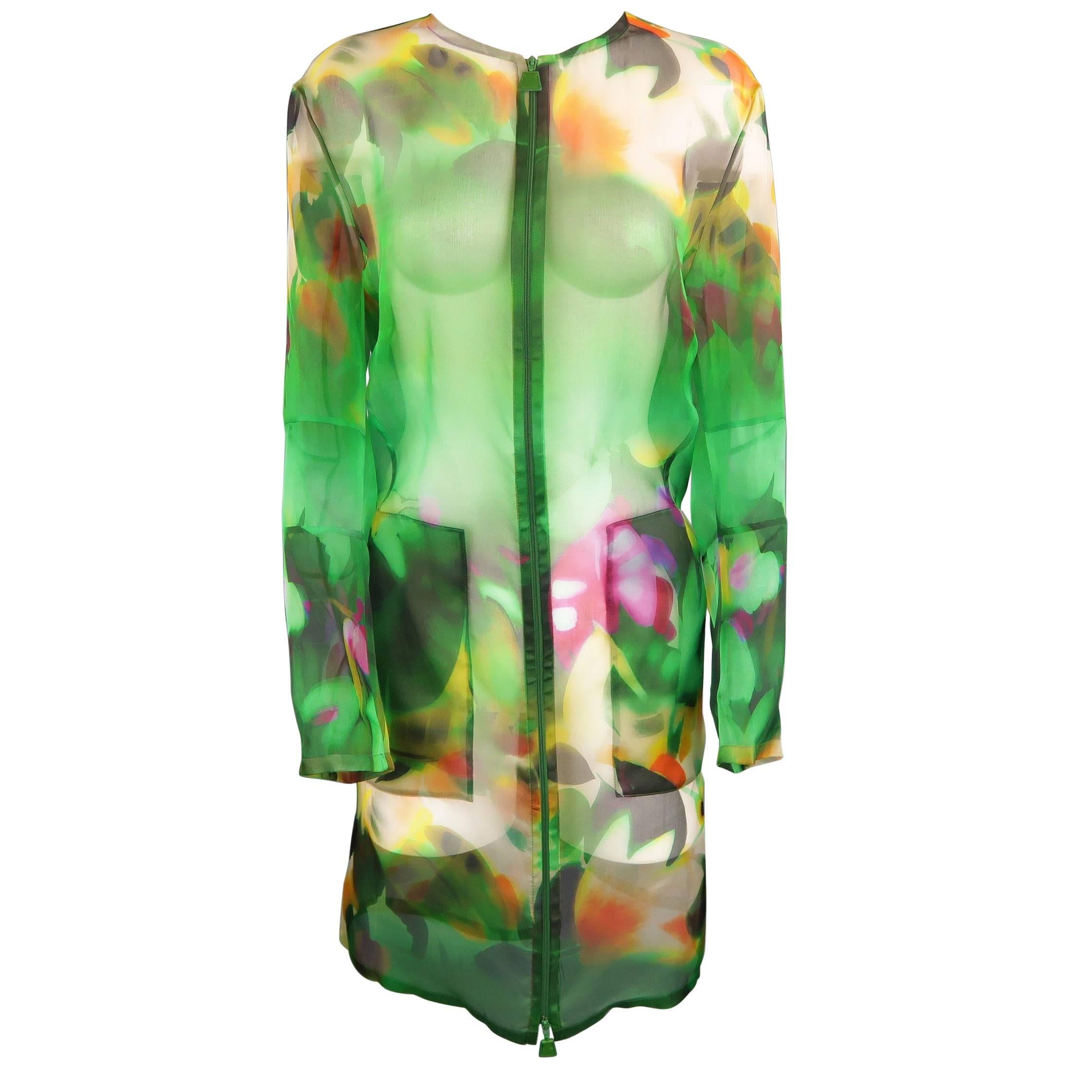 Akris Green Abstract Floral Silk Organza Collarless Coat  