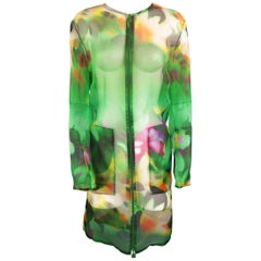 Akris Green Abstract Floral Silk Organza Collarless Coat