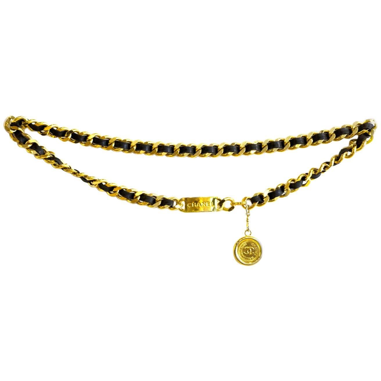 Chanel Vintage Black & Goldtone Leather Laced Chain Belt with Medallion