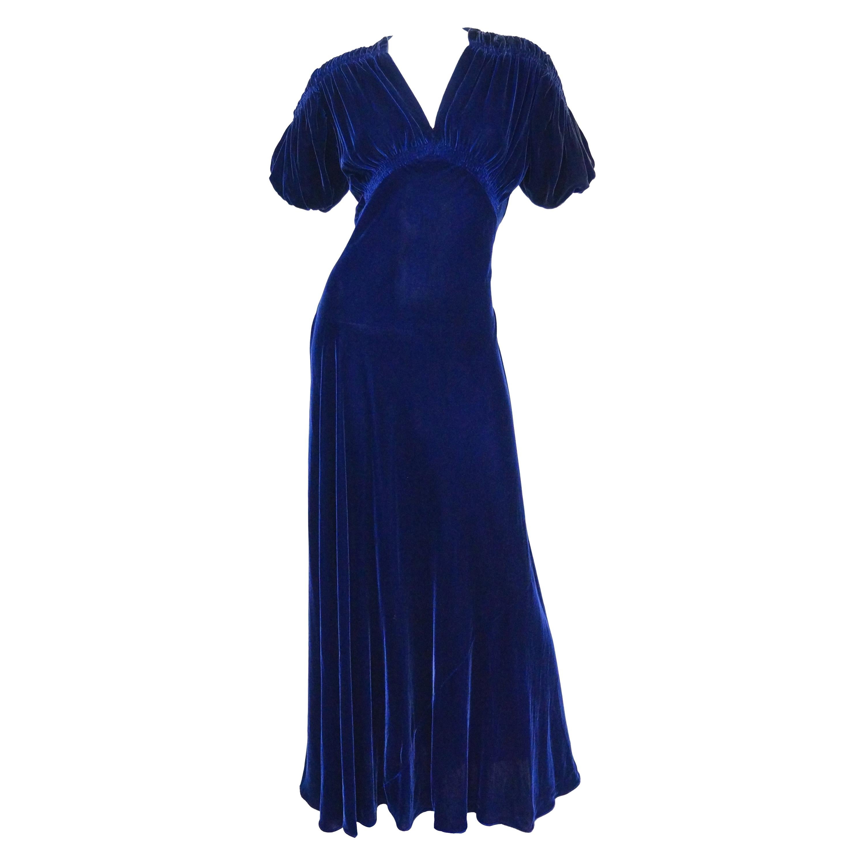 1930s Bias Cut Deep Cobalt Velvet Abendkleid