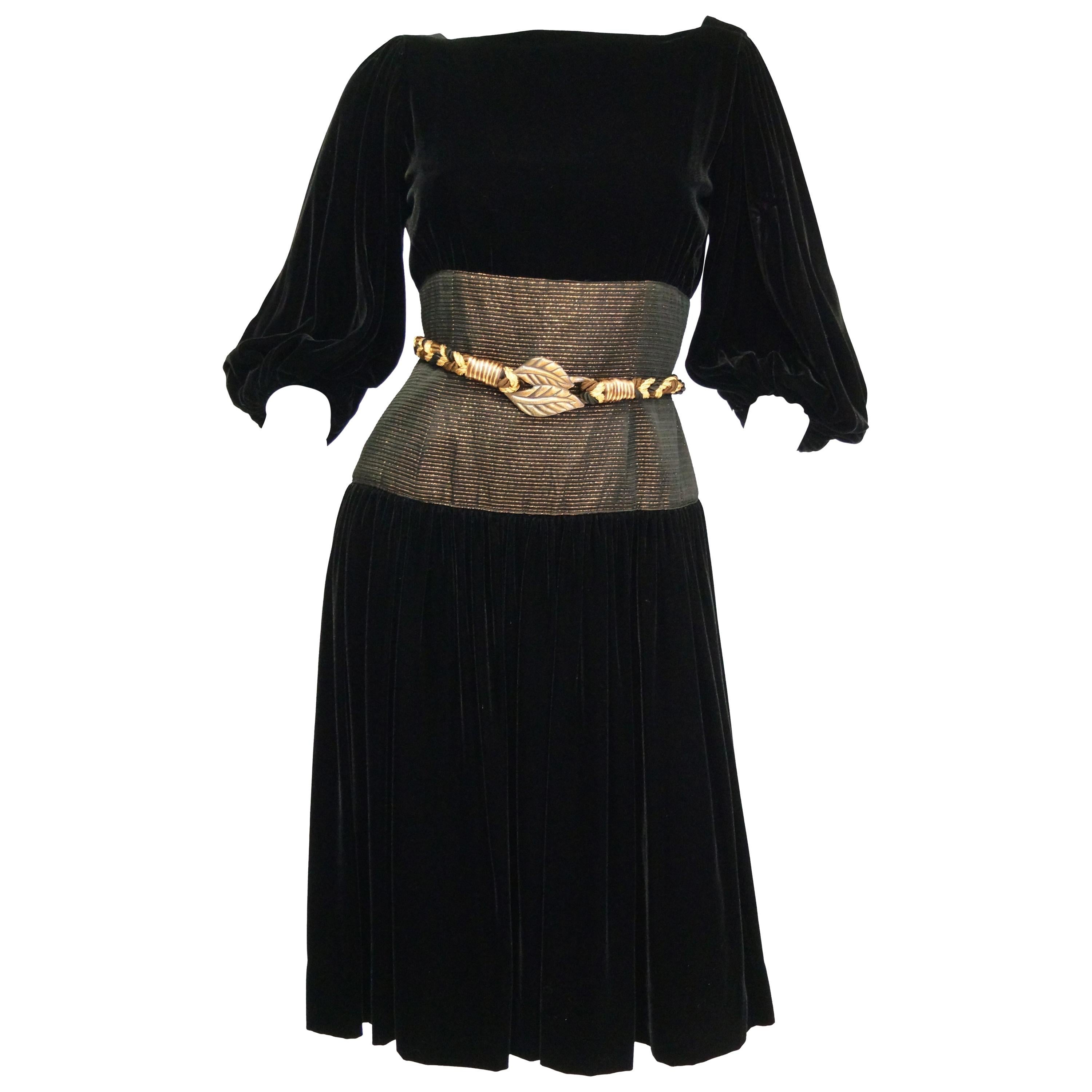 Vintage Adele Simpson Black Velvet Gold Metallic Obi Evening Dress