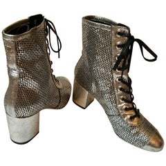 Chanel Silver net Leather laced  Boots 