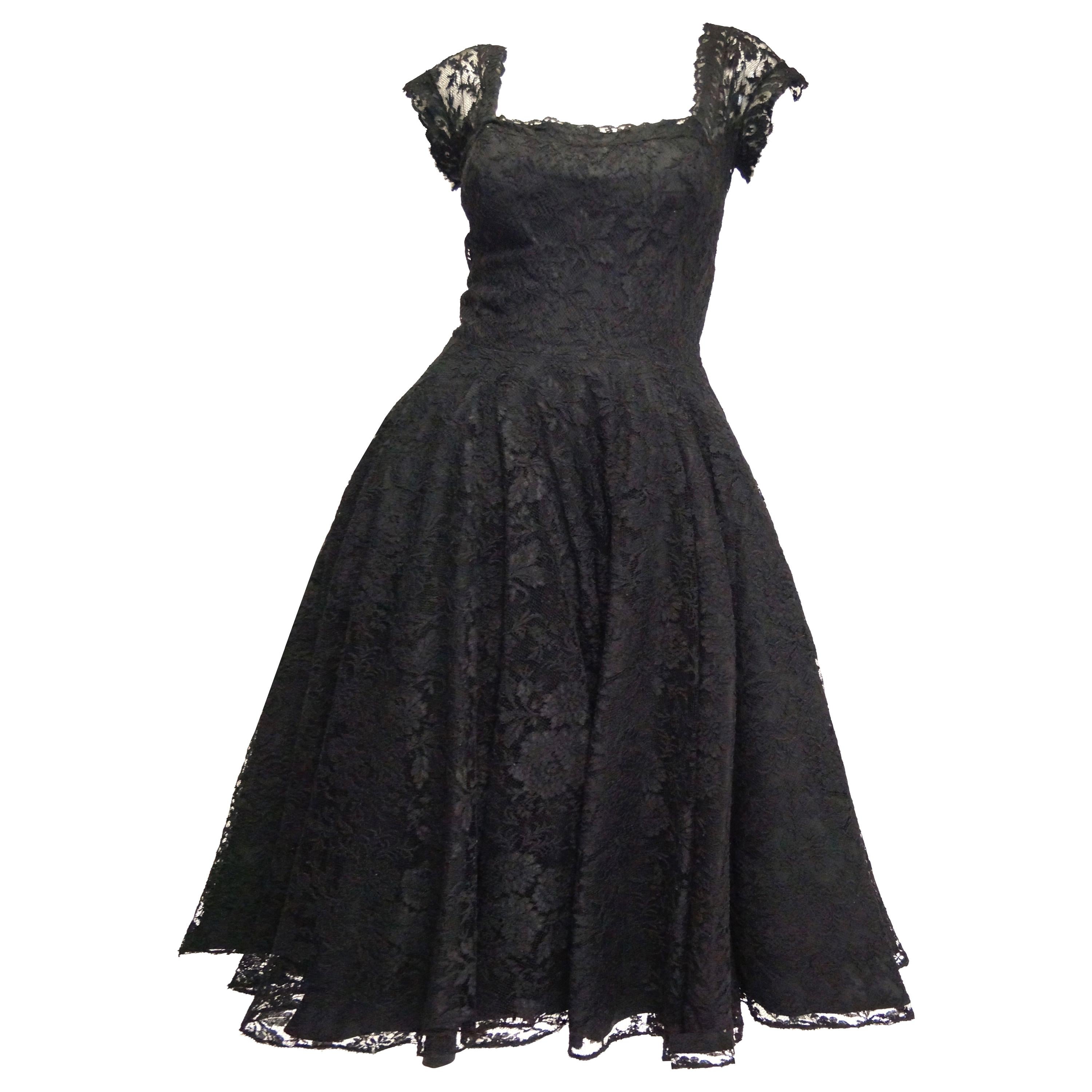 1950s Black Floral French Lace Scoop Back Cocktail Dress 4