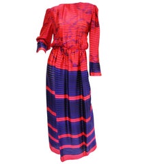 Retro 1970s Bill Blass Neon Pink and Purple Sheer Stripe Dress 10