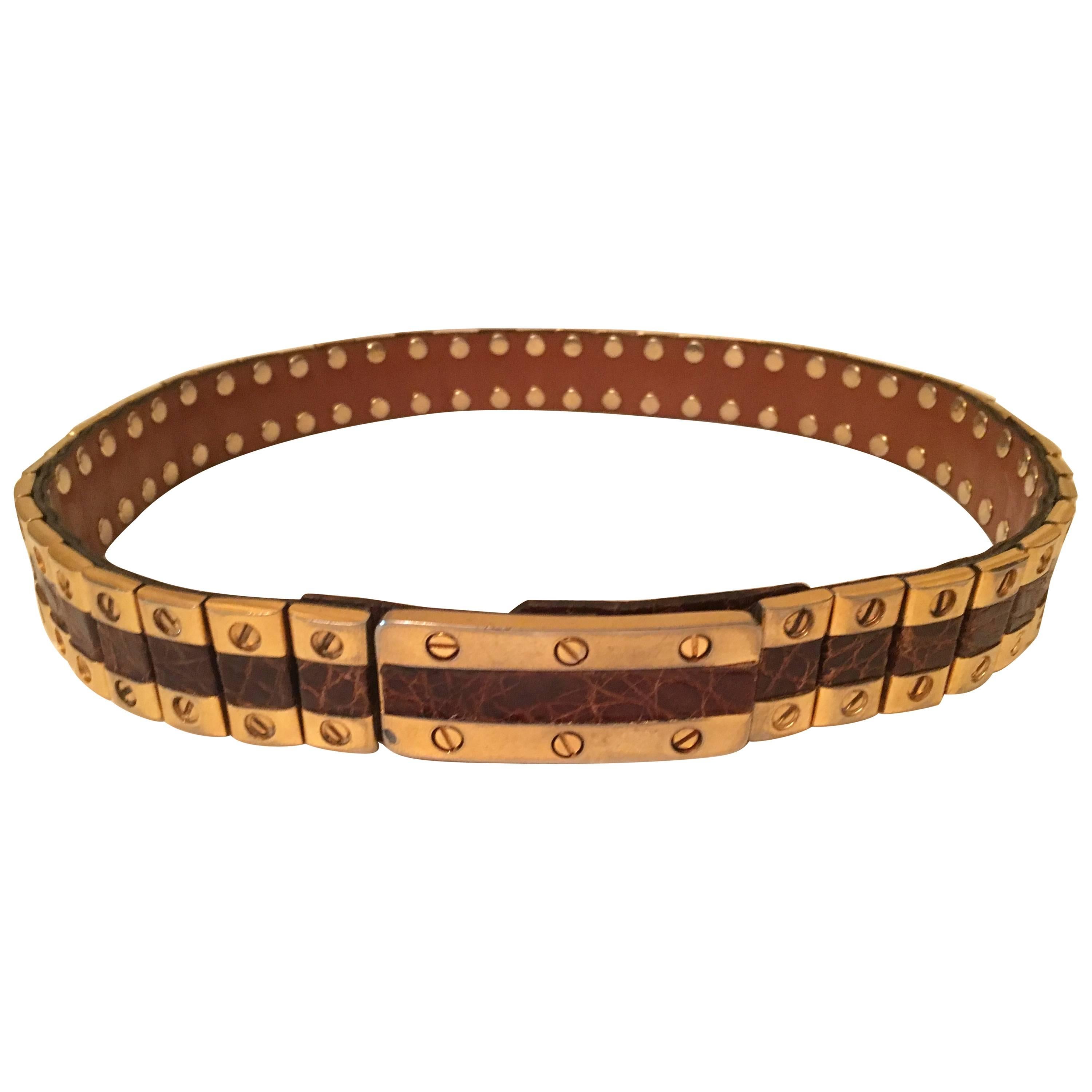 Important vintage leather and gold plated metal  Belt Gucci Style For Sale