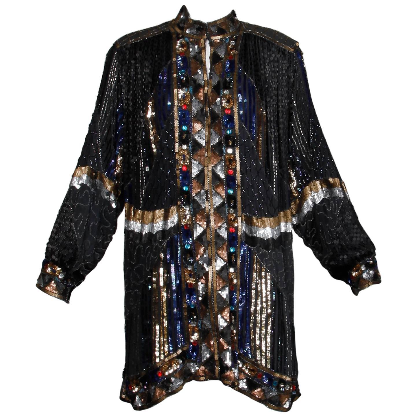 Vintage Silk Metallic Sequin Beaded + Rhinestone Embellished Jacket Coat/ Duster