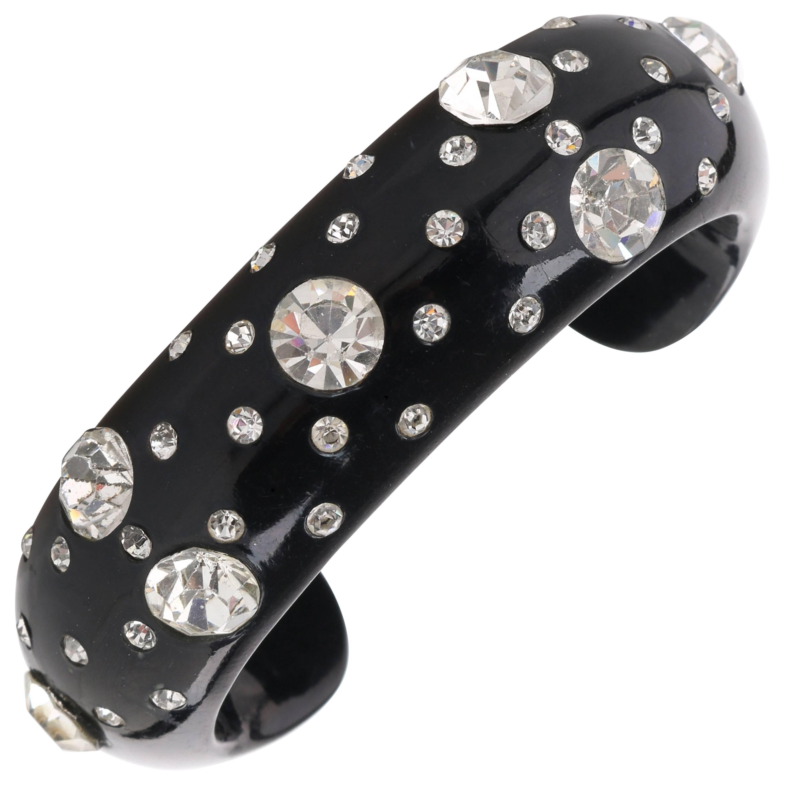 c.1950's Black Simulated Bakelite Rhinestone Embedded Bracelet For Sale at 1stDibs | bakelite cuff bracelet