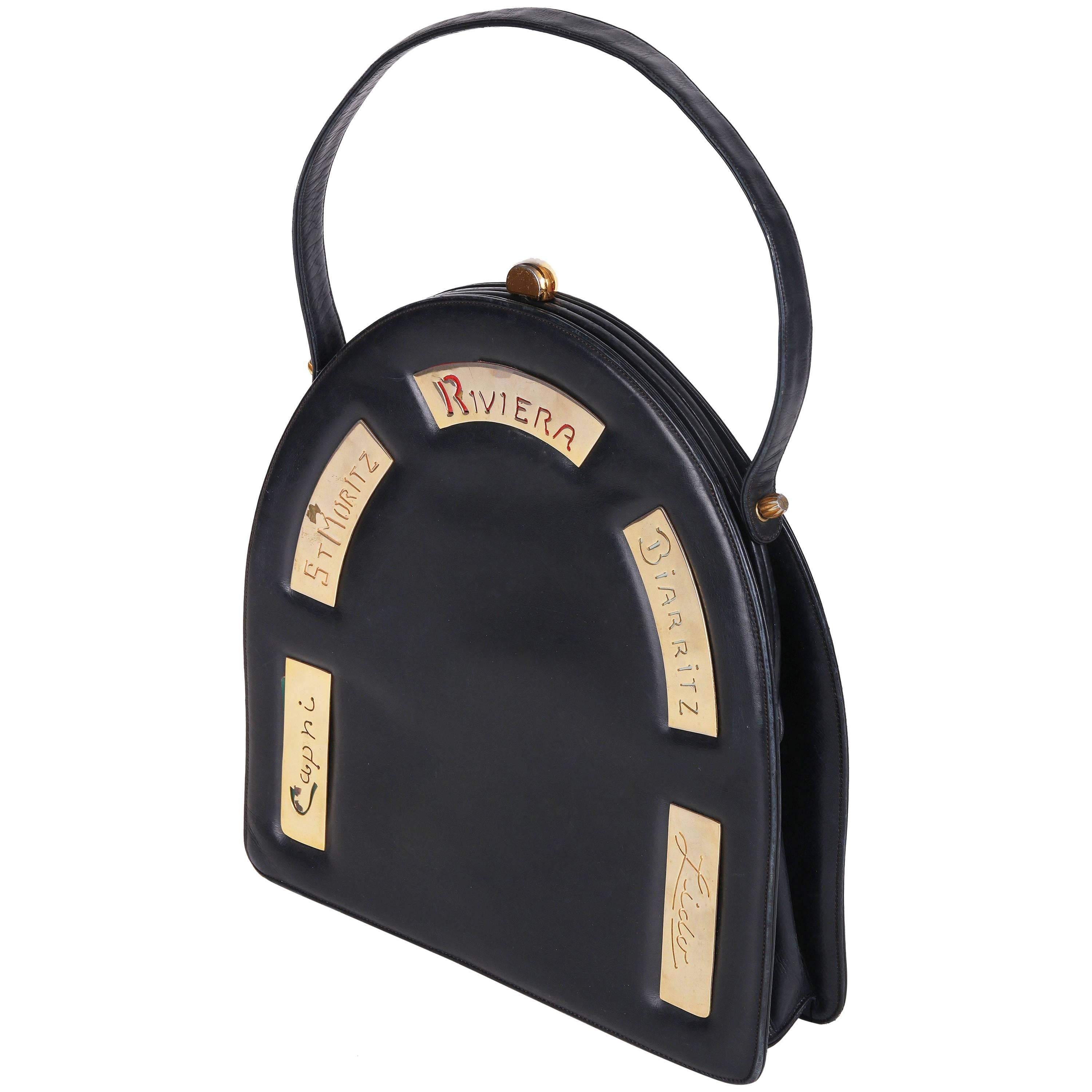 Prestige Black Leather Destination Arched Handbag with City Names, 1960s
