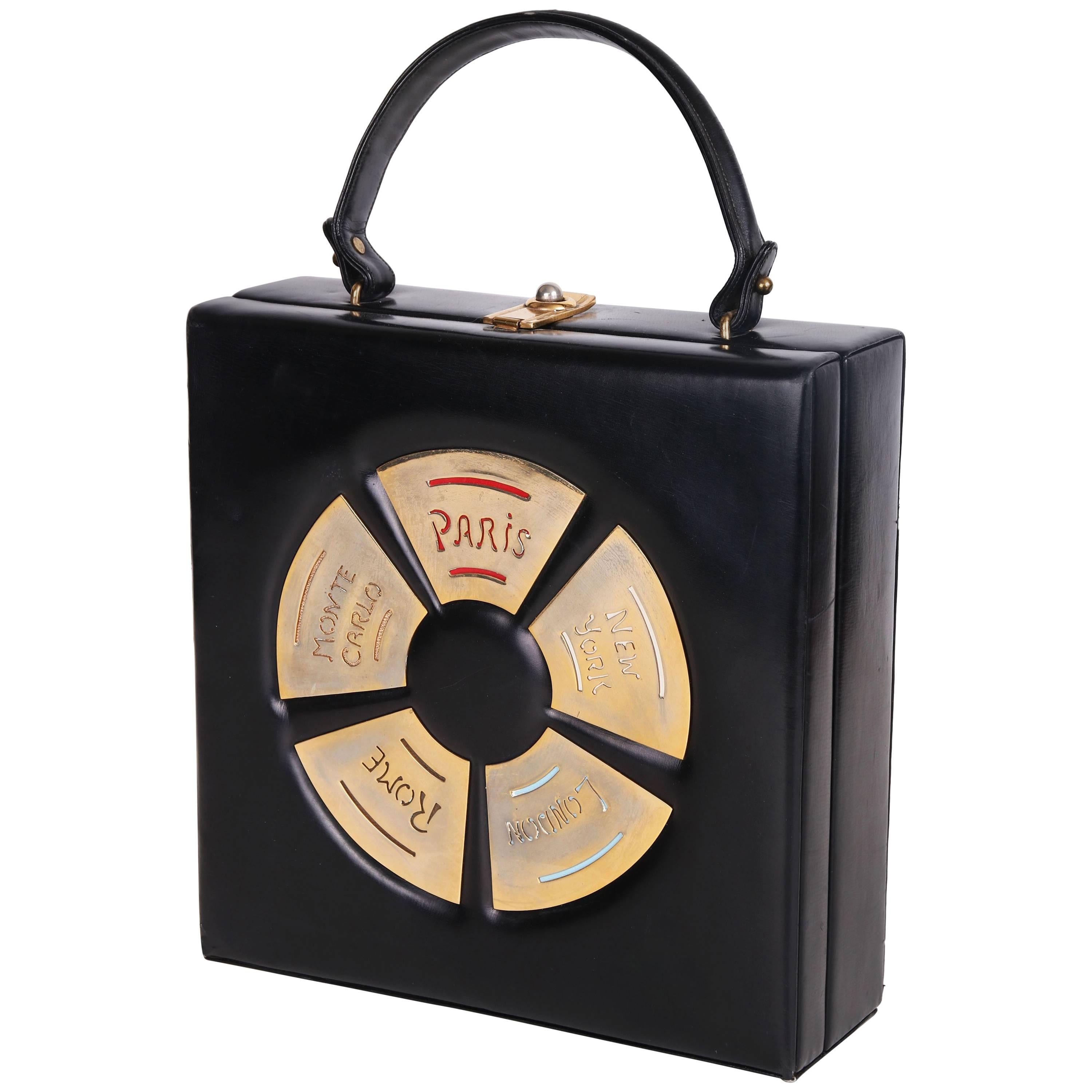Prestige Black Leather Destination Box Handbag With City Names, 1960s 
