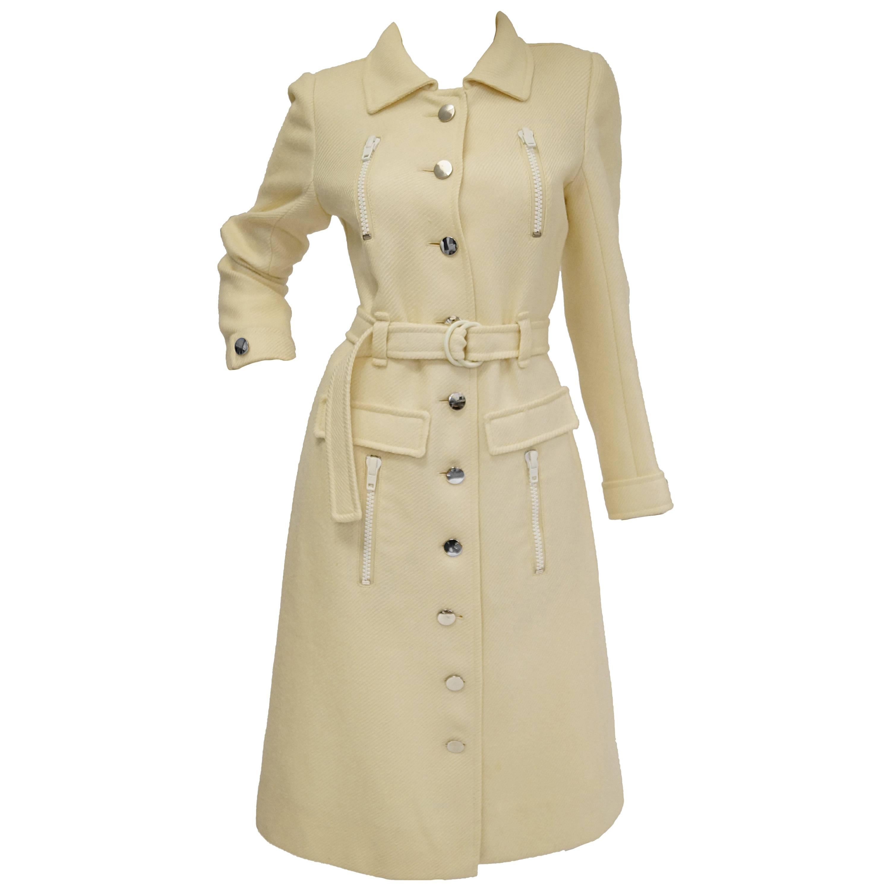  1960s Courreges Hyperbole Cream Wool Coat with Accent Zippers and Buttons For Sale