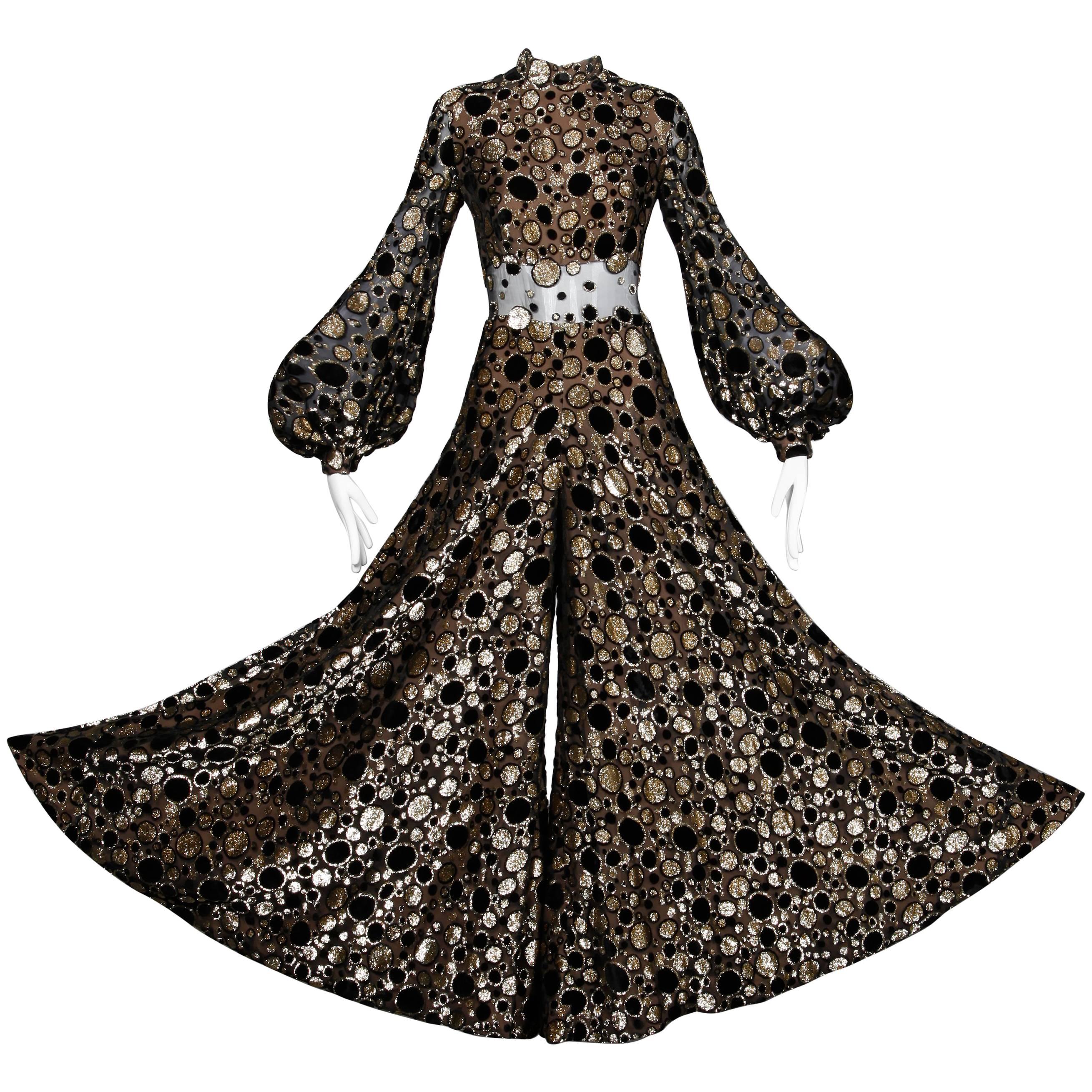 Museum Quality 1970s Travilla Vintage Metallic Gold + Black Silk Jumpsuit Dress