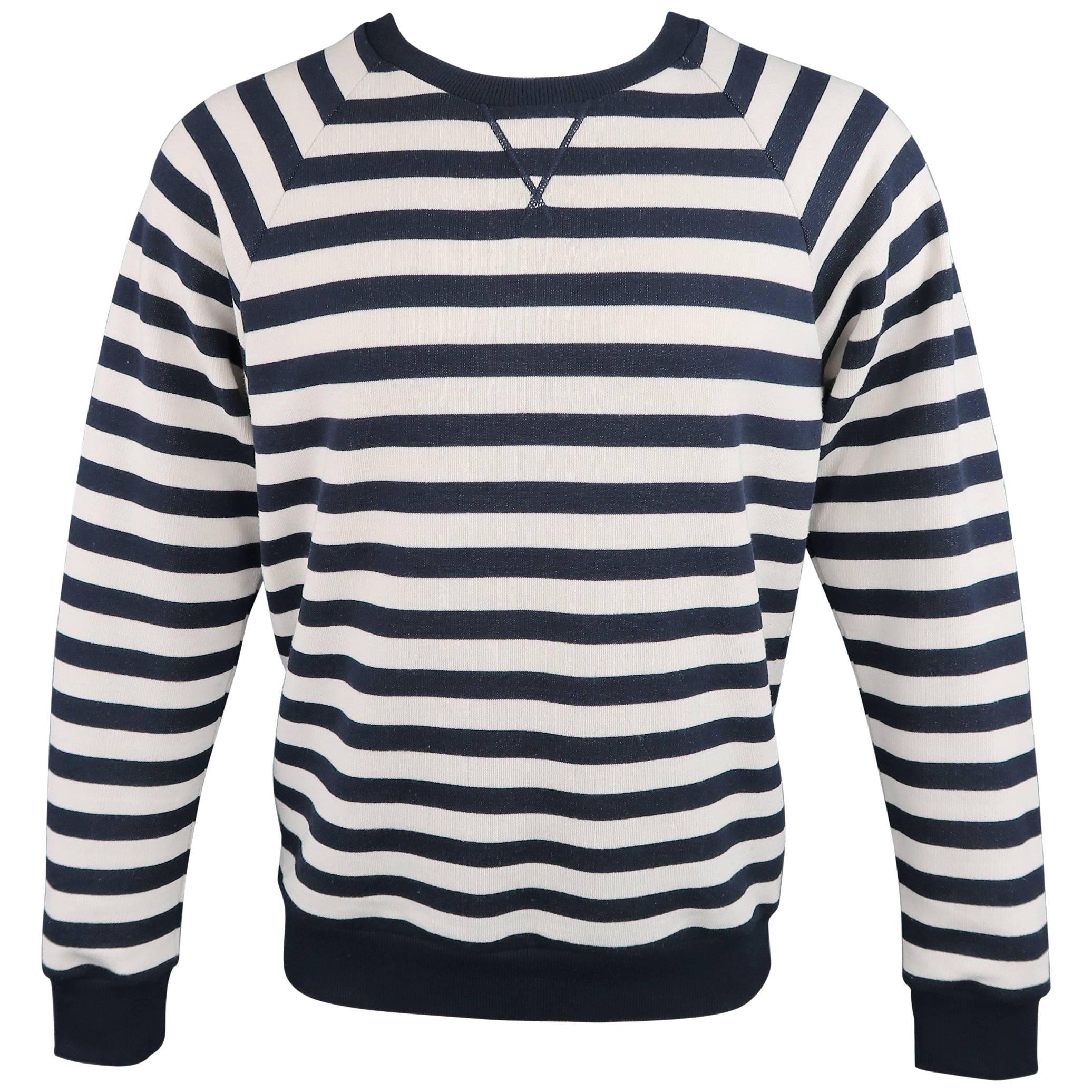 SAINT LAURENT Size L Navy & Creme Stripe Cotton French Terrycloth Sweatshirt