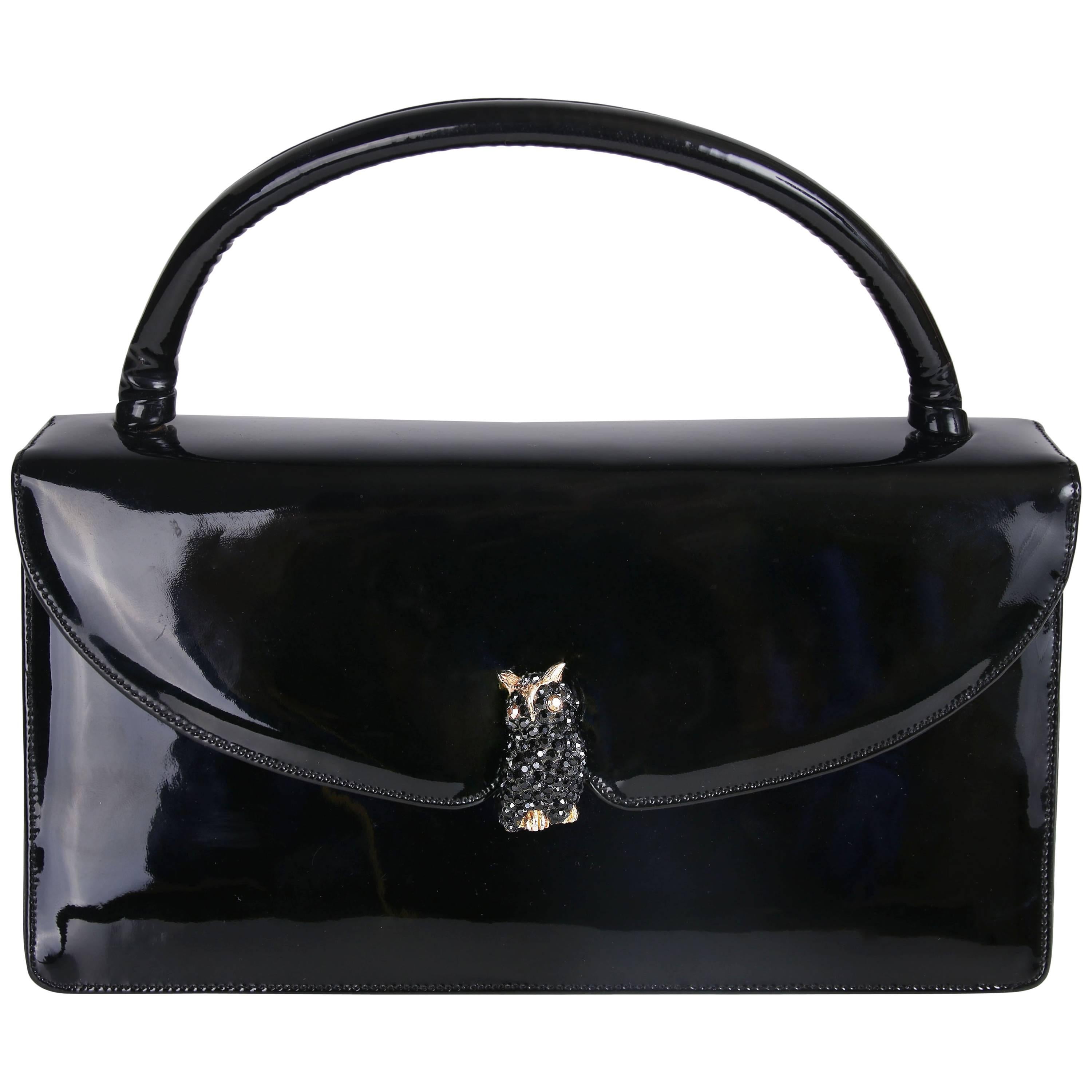 Judith Leiber Vintage Black Patent Leather Clutch Handbag With Owl Clasp