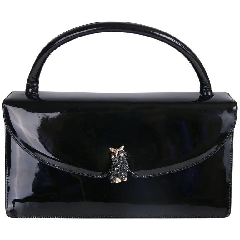 Judith Leiber Vintage Black Patent Leather Clutch Handbag With Owl