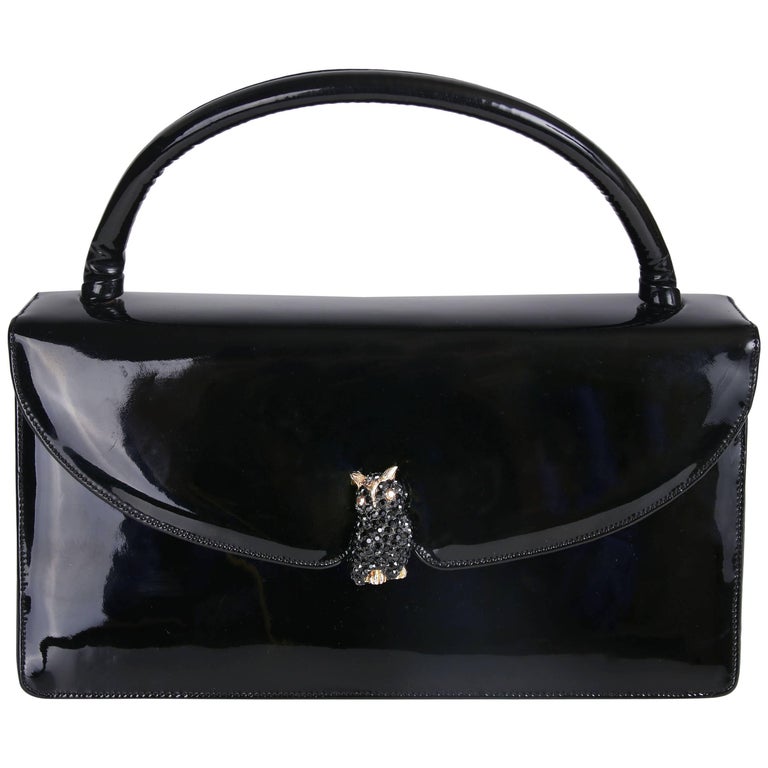 Judith Leiber Vintage Black Patent Leather Clutch Handbag With Owl Clasp at 1stDibs