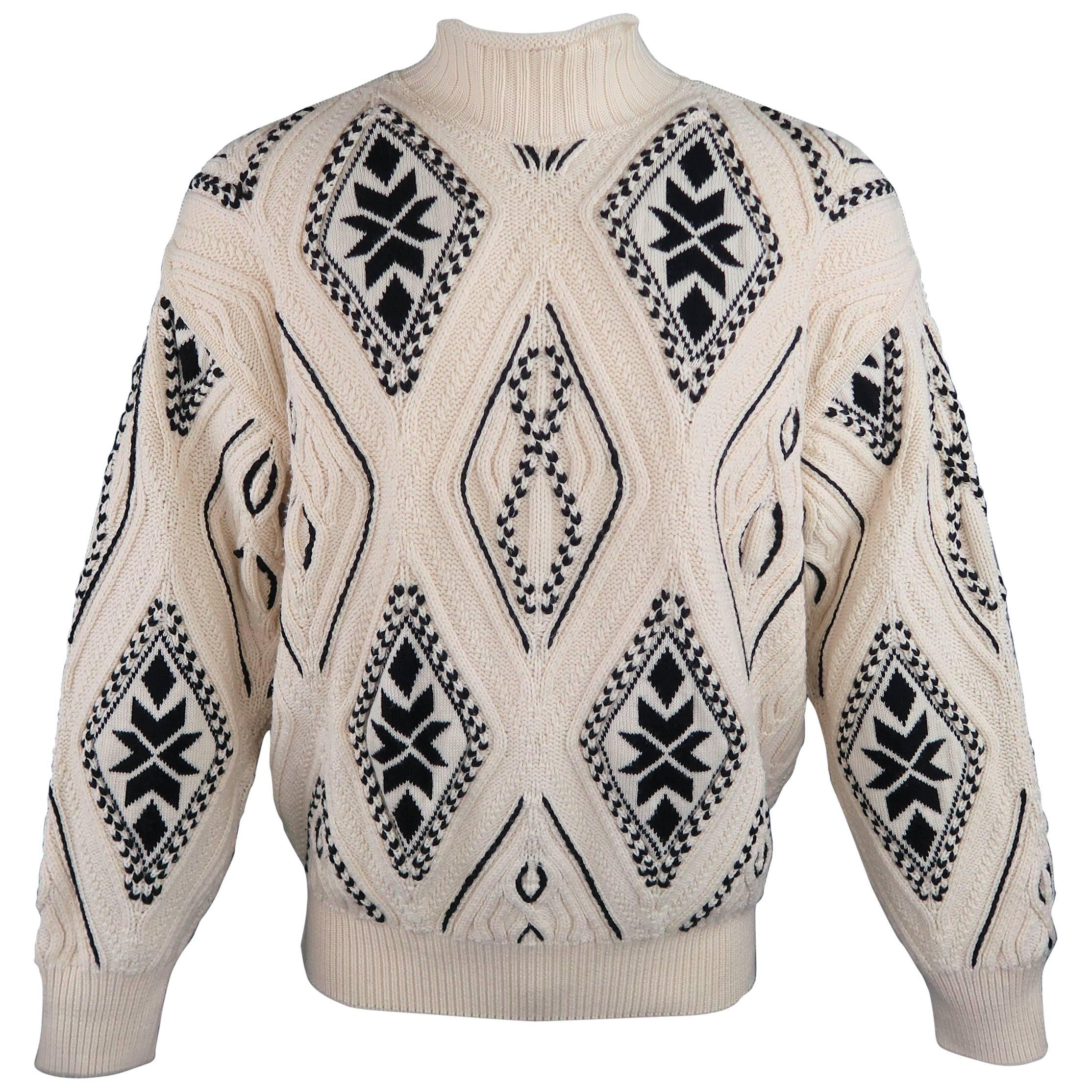 GIANFRANCO FERRE Size M Cream & Black Wool Diamond Panel Mock Neck Sweater
