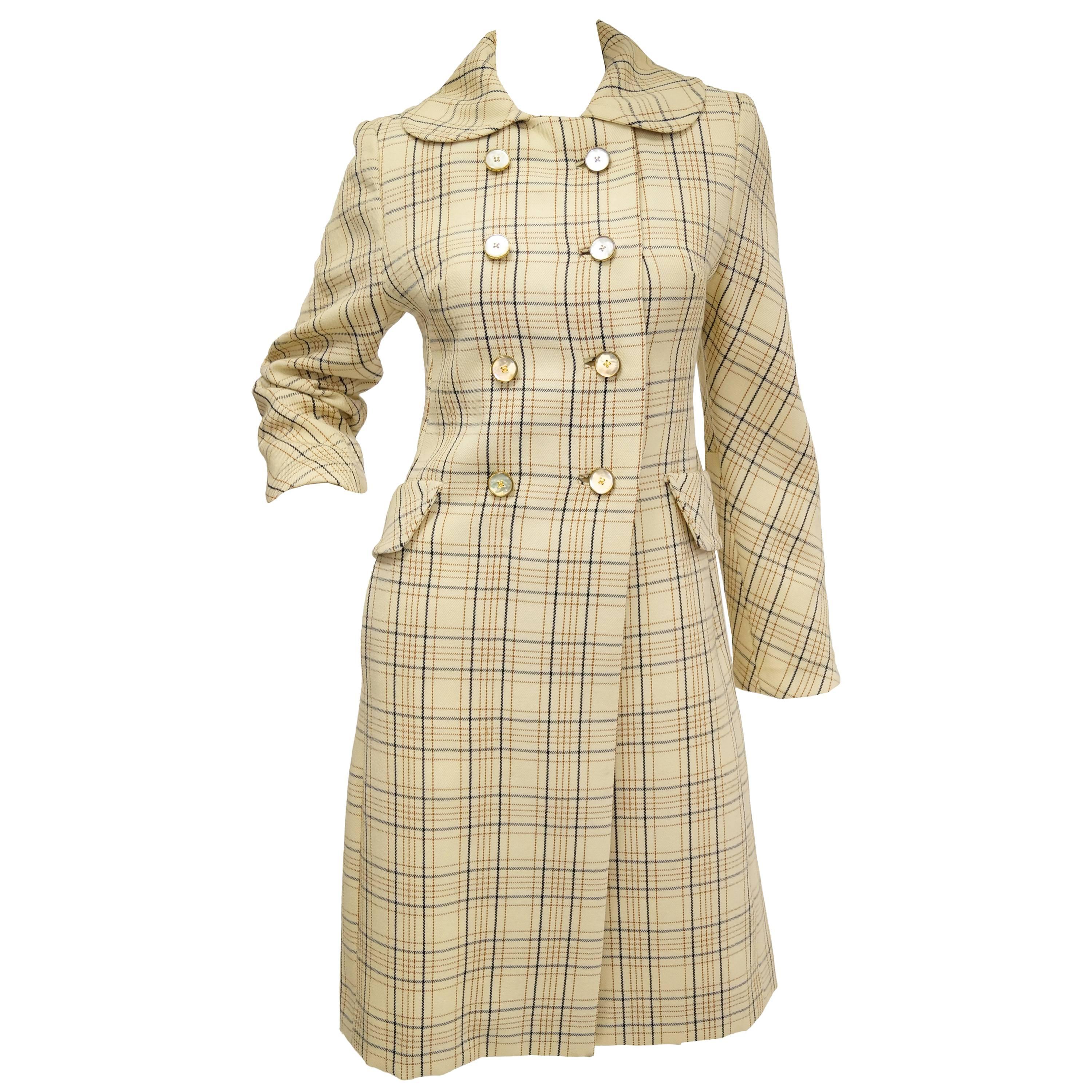  1960s Bill Blass Cream Wool Plaid Coat with Mother of Pearl Buttons