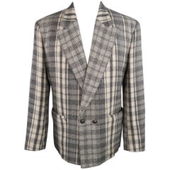 GIANNI VERSACE 40 Short Grey & Beige Plaid Wool Blend Double Breasted Jacket