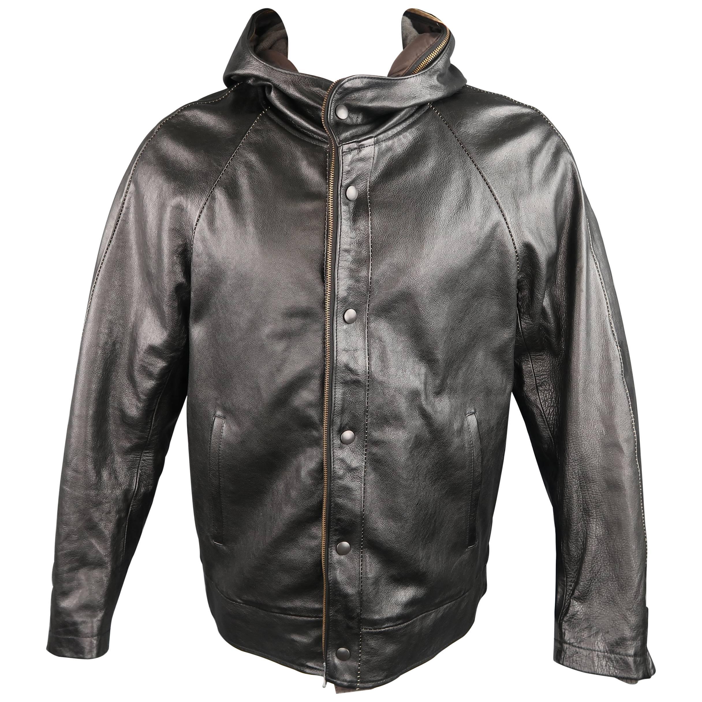 Men's 08SIRCUS Leather Jacket - 40 Black Textured Detachable Wool Liner Hooded