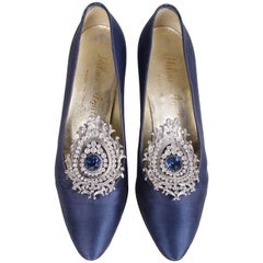 Vintage Helene Arpels Custom Blue Silk Pumps with Jeweled Adornment at Toe